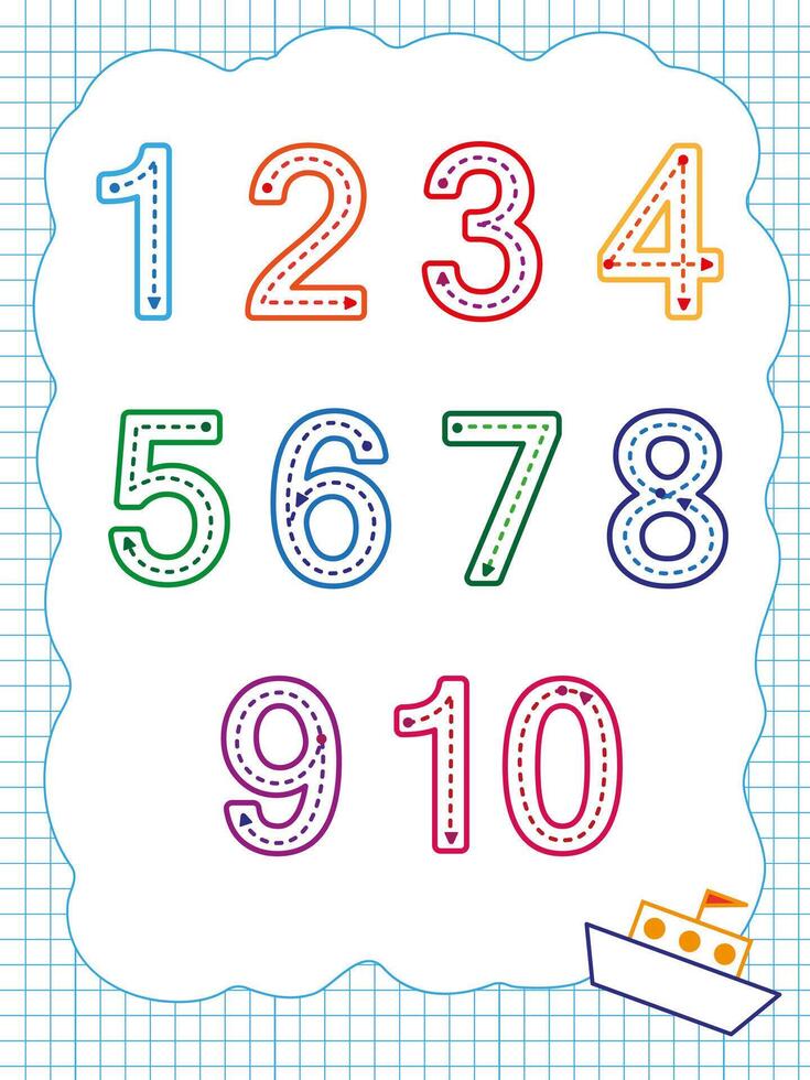 Writing practice. Tracing numbers. From 1 to 10. Educational cards for children vector