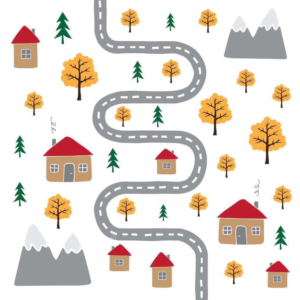 Seamless pattern of autumn hand drawn doodle sketch country houses and trees landscape isolated on white background vector