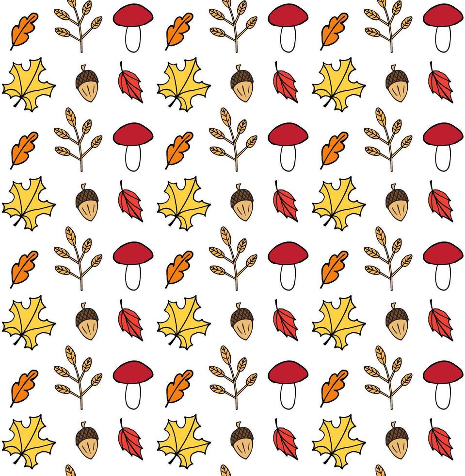 Seamless pattern of hand drawn doodle sketch autumn leaves mushroom and acorn isolated on white background vector