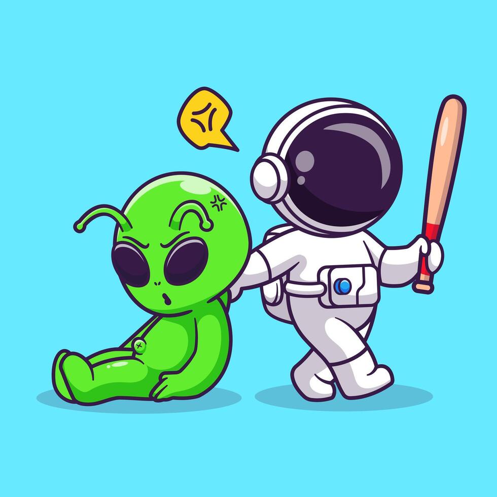 Cute Astronaut Catching Alien With Baseball Bat Cartoon vector