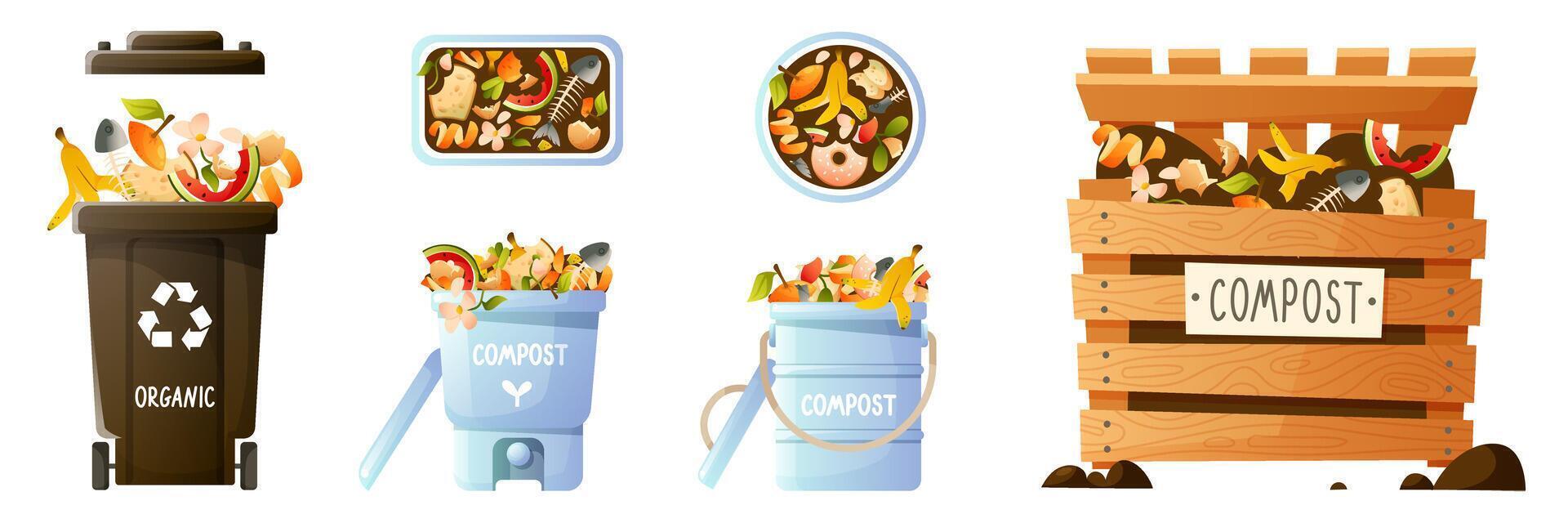 set on the theme of organic compost, eco gardening, composting, agriculture. Compost bucket, compost wooden box, food waste, container, bucket for composting in the apartment. vector