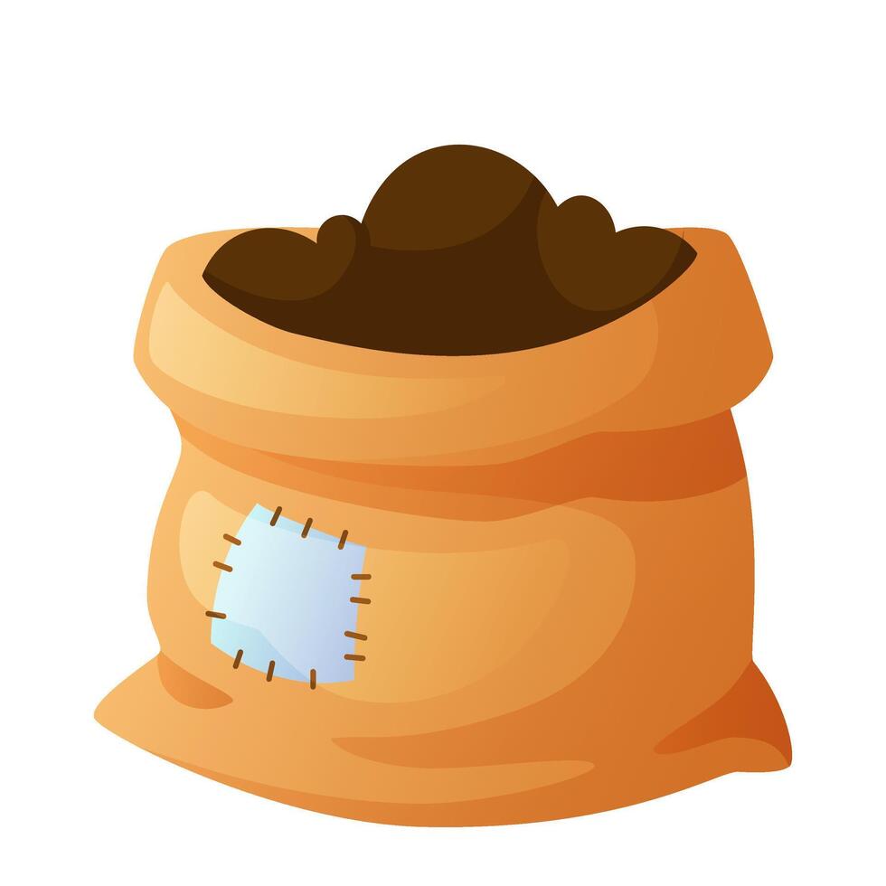 Canvas bag with compost, open sack with soil. Garden, agricultural illustration. illustration of a bag with soil on a white background. vector
