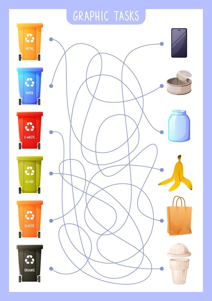 Labyrinth game for children, finding the right container for different types of waste. Sorting garbage, recycling waste. Connect waste and trash can. Eco-friendly education. vector