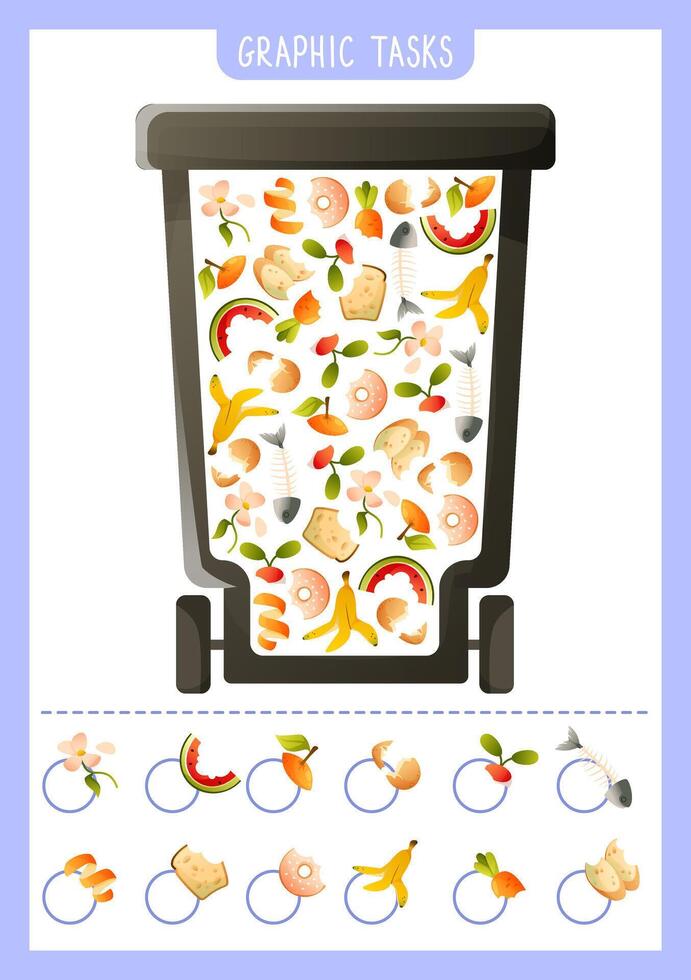 Ecological game for kids, exercise on searching and counting organic waste in a trash can. Puzzle, Sorting garbage, recycling. Eco-friendly learning, workbook for preschoolers Earth Day, zero waste. vector