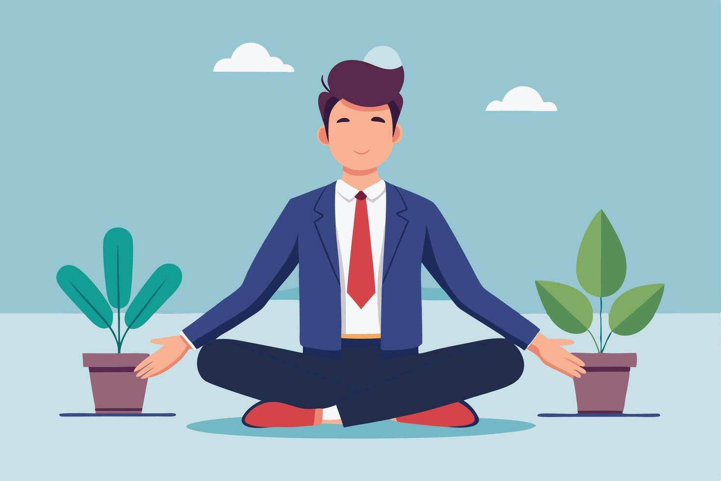 Illustration of a businessman meditating, promoting calm and mindfulness. Ideal for wellness, work-life balance, and corporate well-being themes. Flat, modern style. vector