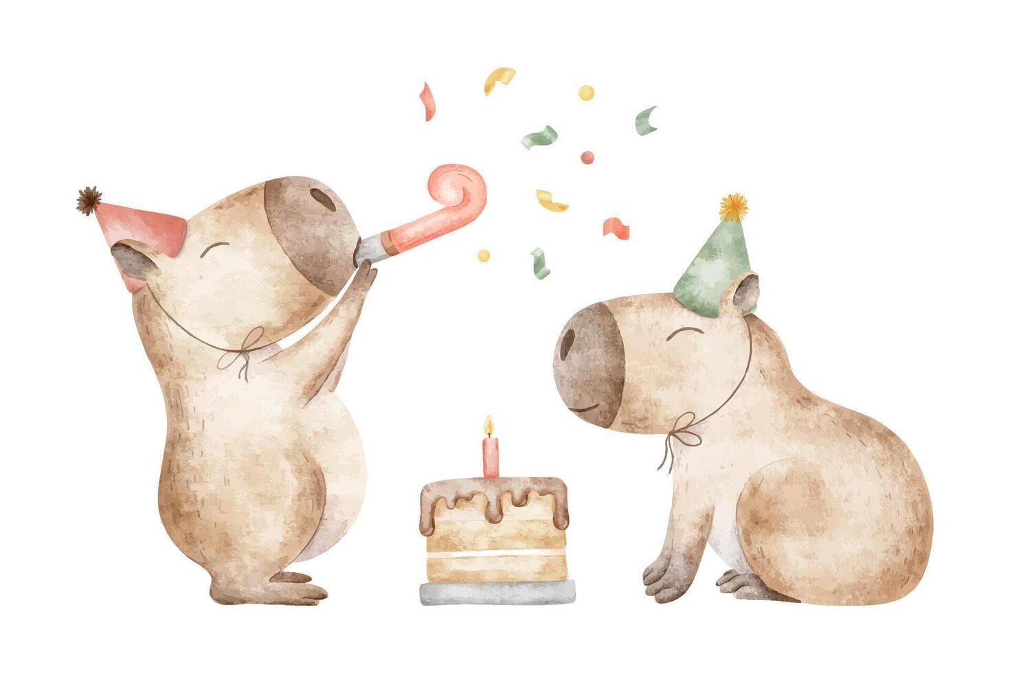 Capybara friends celebrating birthday with cake, party whistle and confetti. Hand drawn isolated watercolor illustration of guinea pig for birthday cards, posters and festive decors. vector