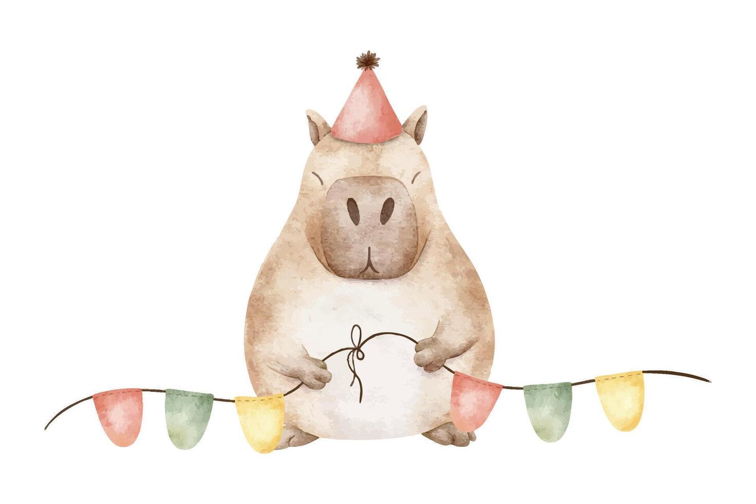 Cute festive capybara in party hat holding a garland of flags. Hand drawn isolated watercolor illustration of guinea pig for birthday cards, congratulation, posters, party decor, celebrates. vector