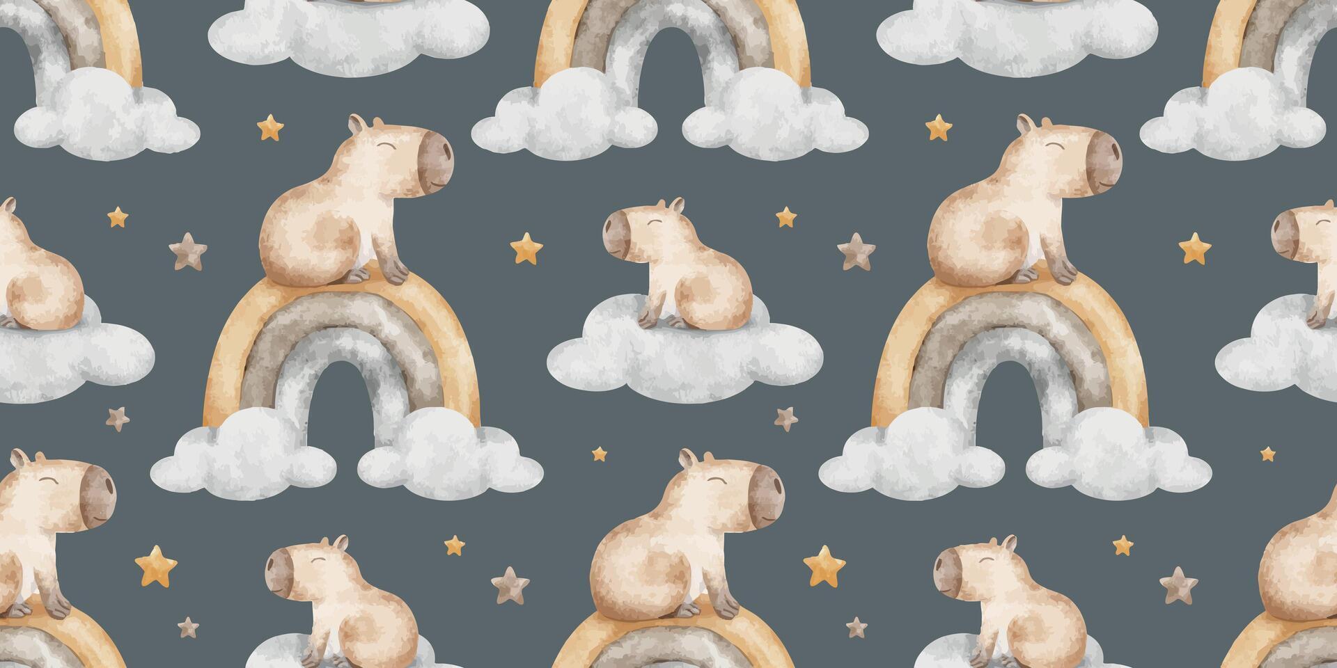 Capybara sit on rainbow, cloud, stars. Dreamy character rodent animal. Hand drawn watercolor seamless surface pattern design on dark background of guinea pig for wallpaper, kids room, fabric, clothes vector