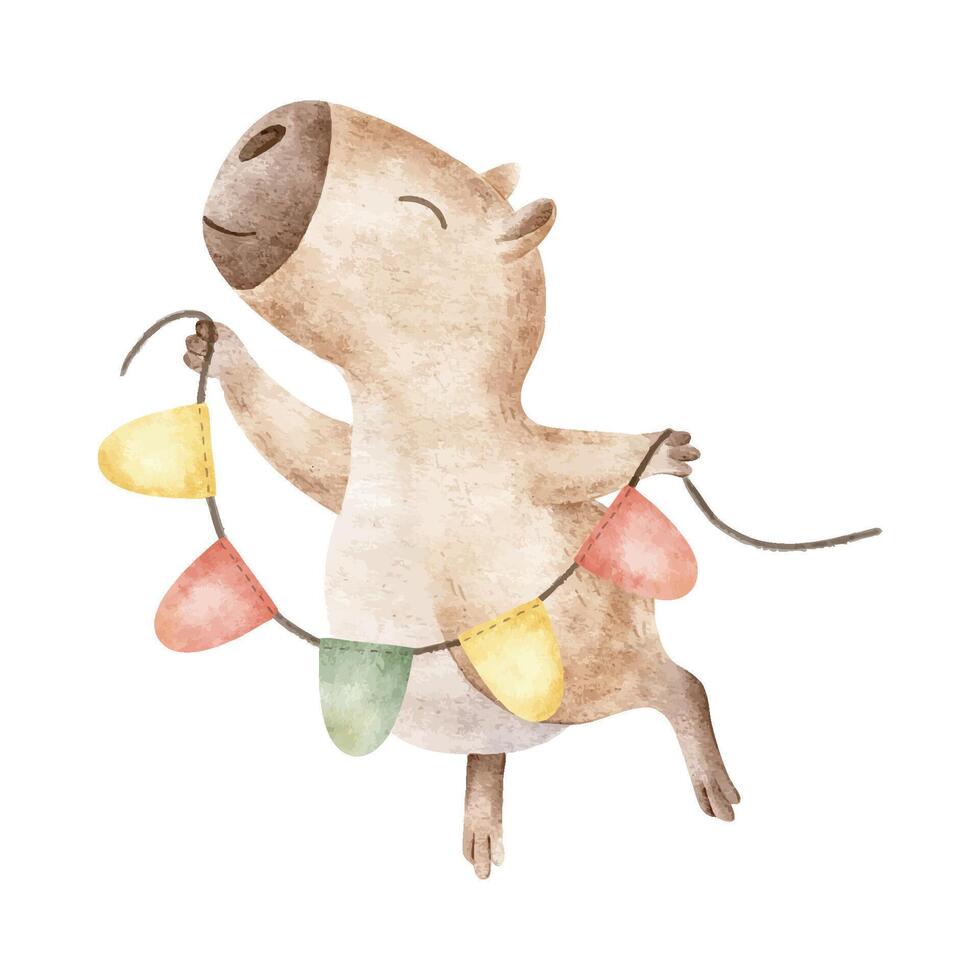 Cute festive capybara holding a garland of flags. Hand drawn isolated watercolor illustration of guinea pig for birthday cards, congratulation, posters, party decor, celebrates. vector
