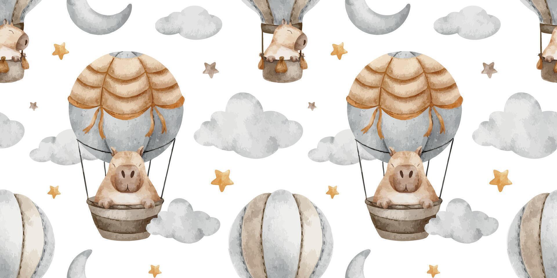 Capybara flying in hot air balloon, clouds, crescent moon and stars. Rodent animal character is traveling. Watercolor seamless pattern. Print of guinea pig for wallpaper, kids room, fabric, clothes vector