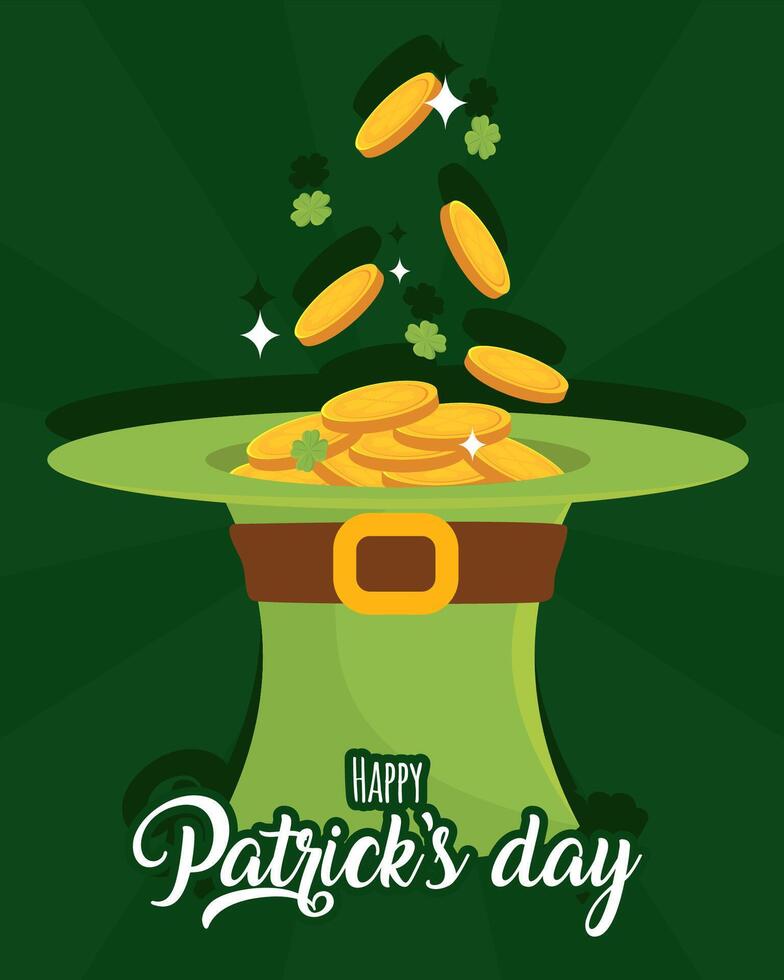 Leprechaun hat full of golden coins. vector