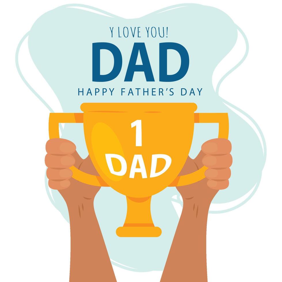Happy father day poster with hands holding a trophy vector