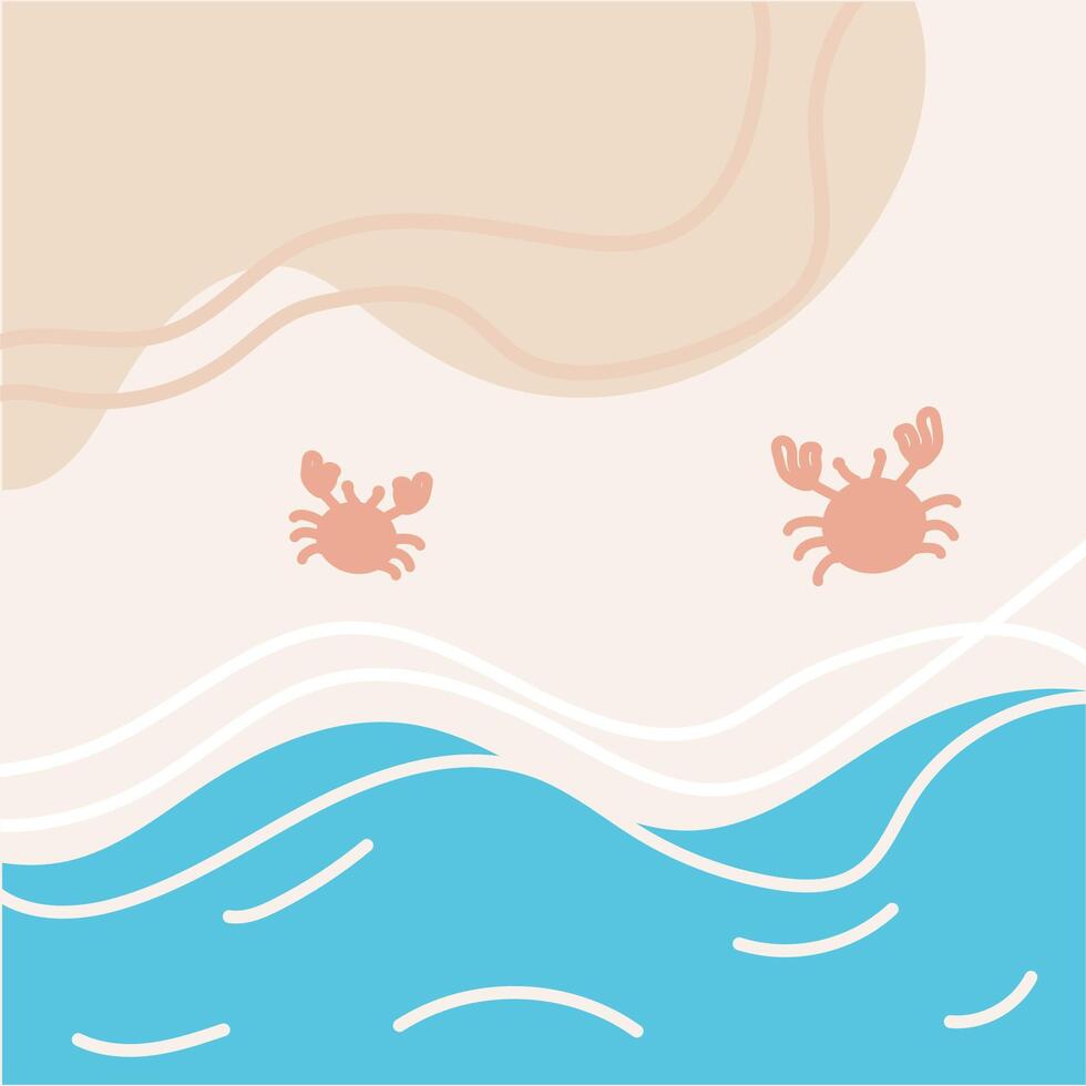 Crabs near ocean waves with sandy backdrop. vector