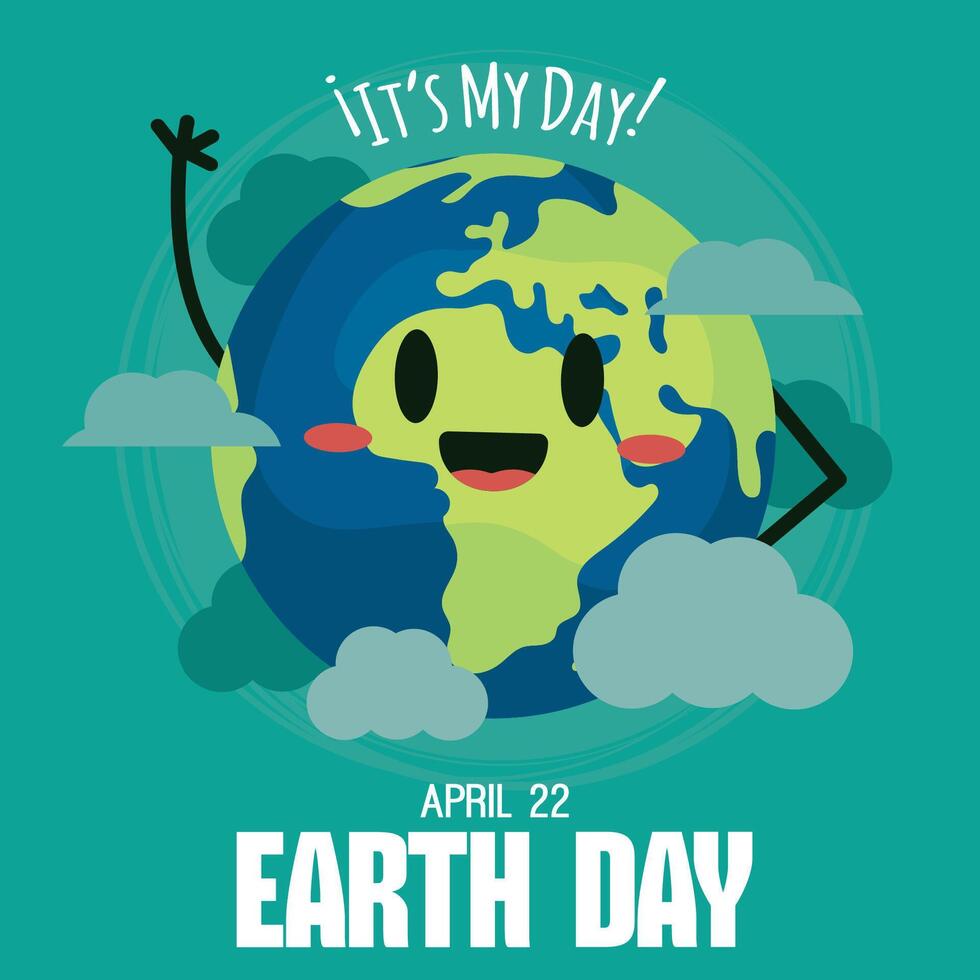 Earth Day poster with smiling globe and clouds vector