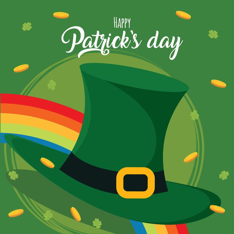 Leprechaun hat with rainbow and coins. vector
