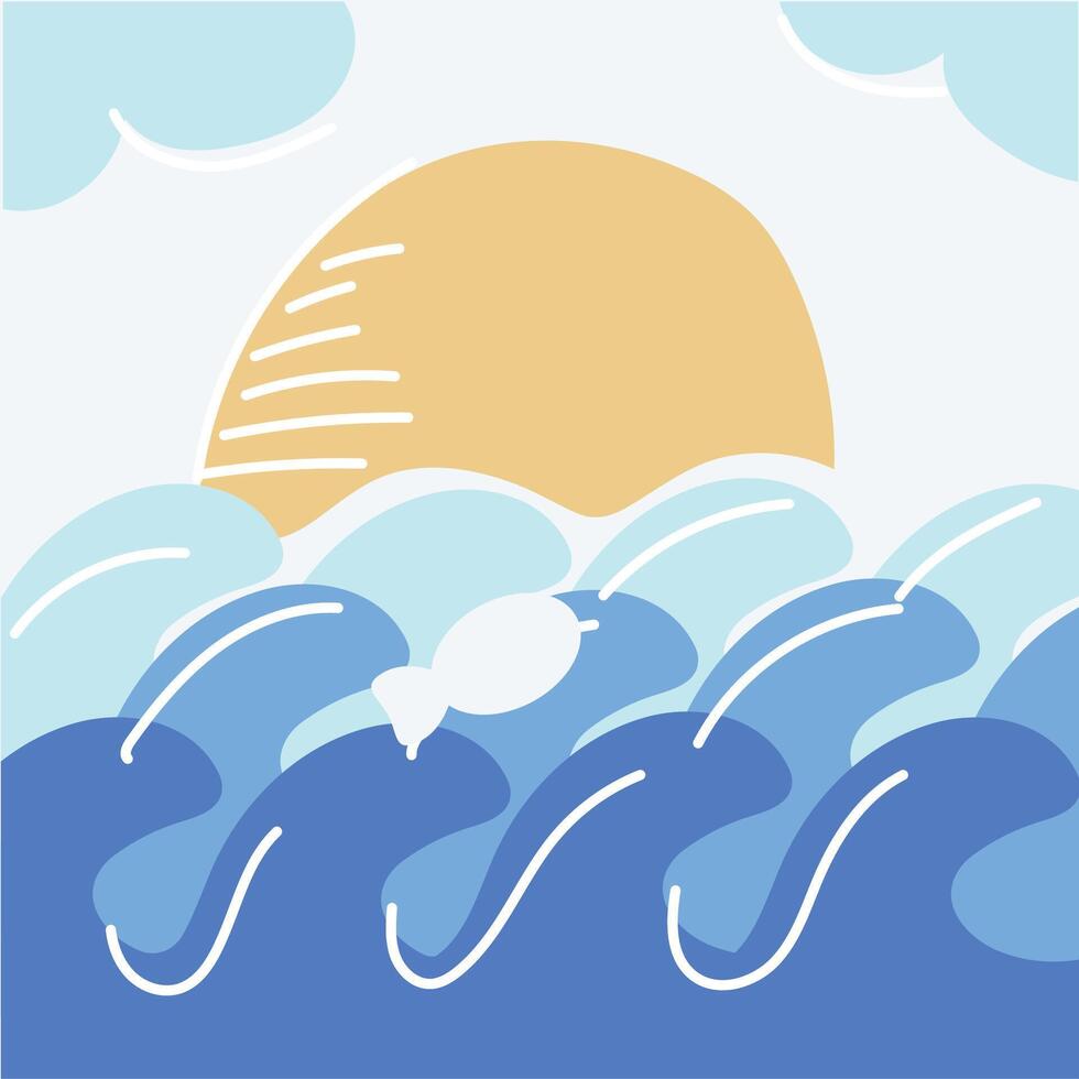 Sun setting over ocean waves and sky. vector