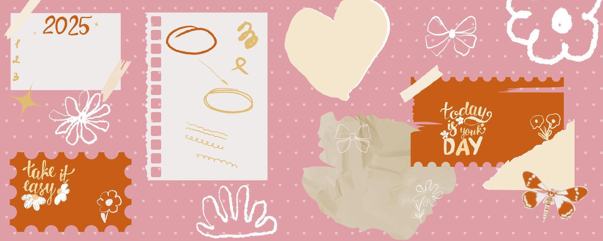 Trendy aesthetic collage with doodles, notes, positive quotes, and cute elements. Hand-drawn scrapbook style in pastel tones with 2025 planner vibes. vector