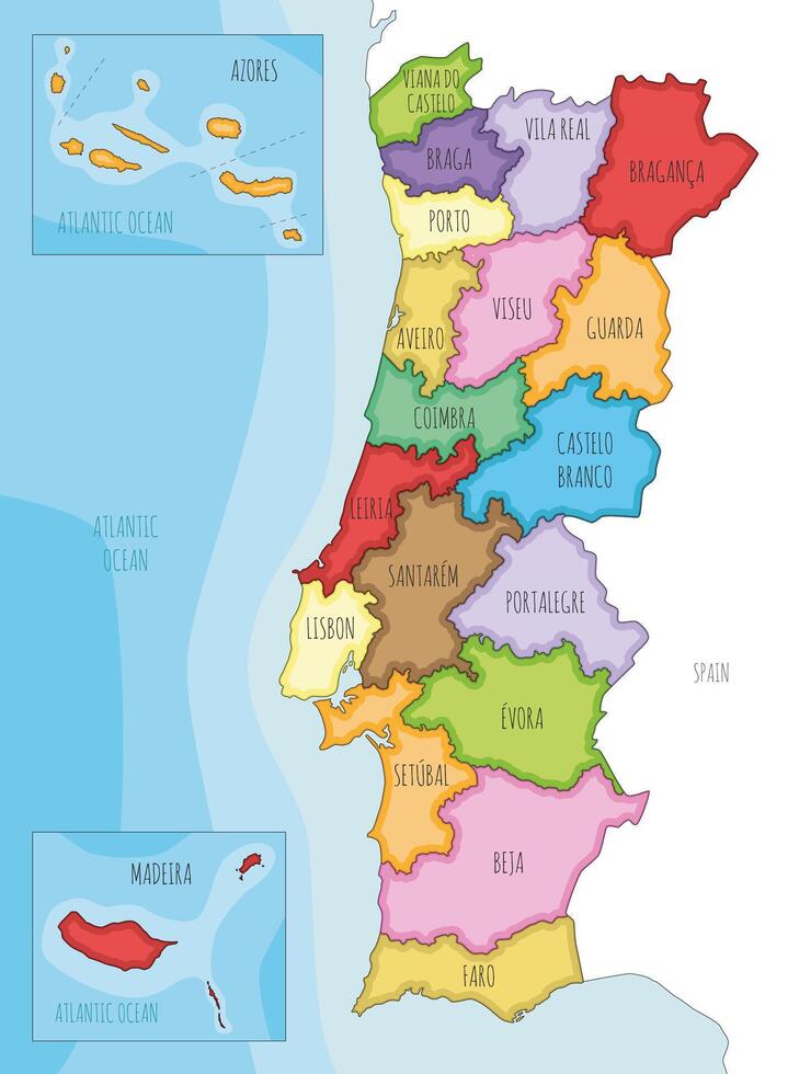 illustrated regional map of Portugal with districts, autonomous regions and administrative divisions, and neighbouring countries and territories. Editable and clearly labeled layers. vector