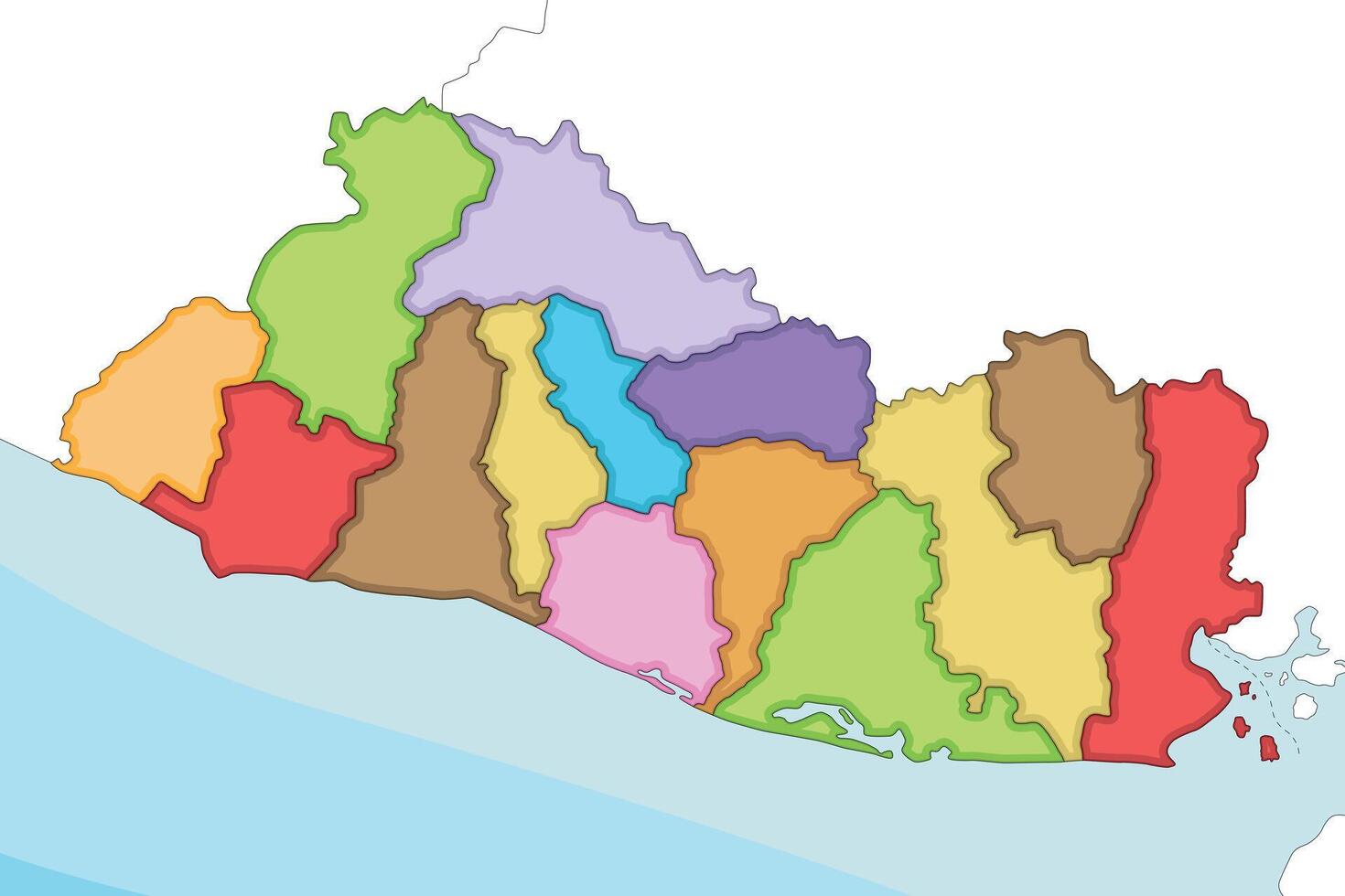illustrated regional blank map of El Salvador with departments and administrative divisions, and neighbouring countries and territories. Editable and clearly labeled layers. vector
