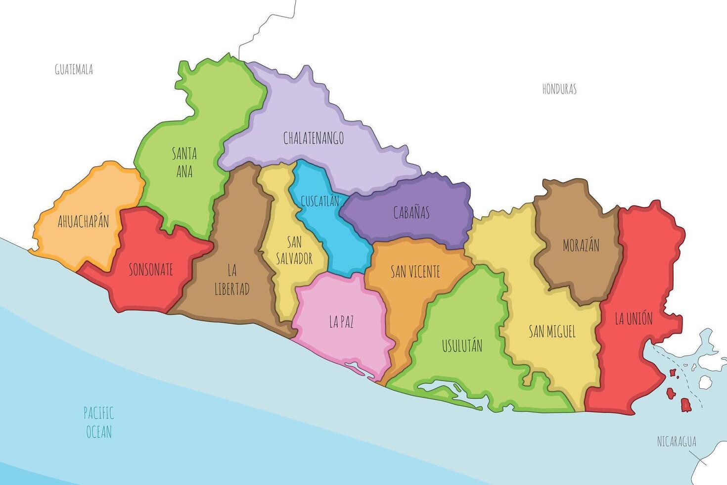 illustrated regional map of El Salvador with departments and administrative divisions, and neighbouring countries and territories. Editable and clearly labeled layers. vector