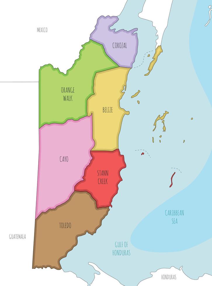 illustrated regional map of Belize with districts and administrative divisions, and neighbouring countries and territories. Editable and clearly labeled layers. vector