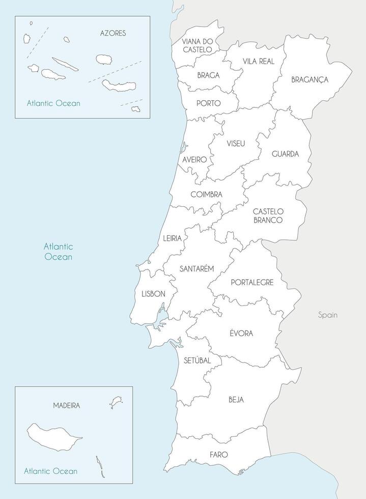 regional map of Portugal with districts, autonomous regions and administrative divisions, and neighbouring countries and territories. Editable and clearly labeled layers. vector