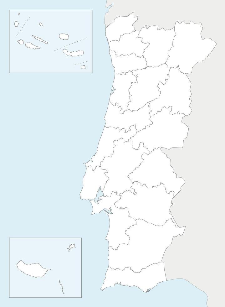 regional blank map of Portugal with districts, autonomous regions and administrative divisions, and neighbouring countries and territories. Editable and clearly labeled layers. vector