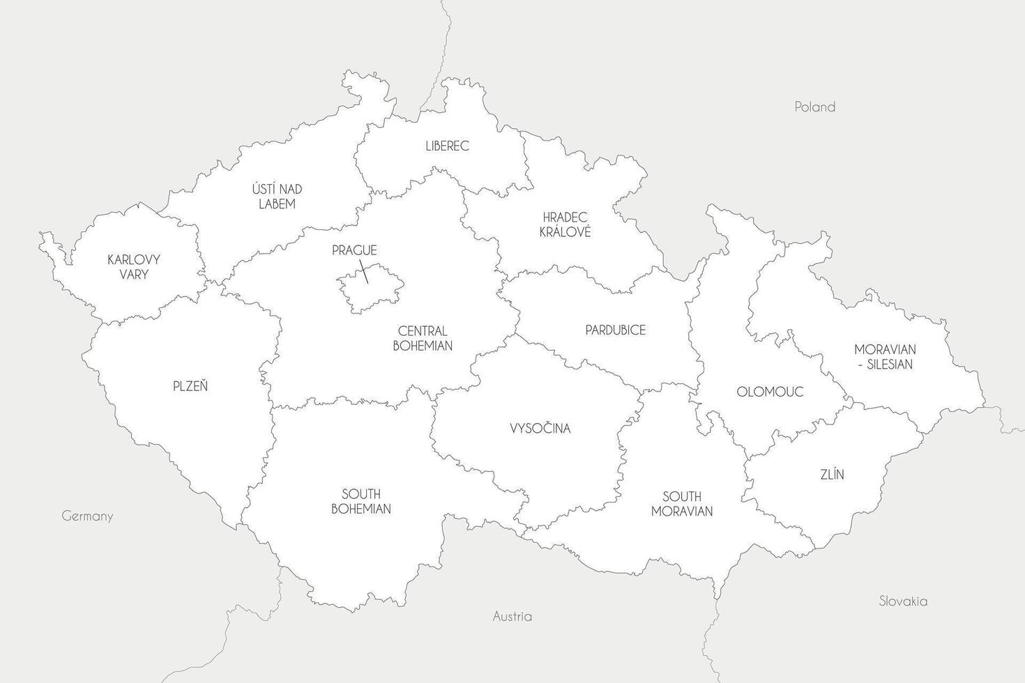 map of Czechia or Czech Republic with regions and administrative divisions, and neighbouring countries and territories. Editable and clearly labeled layers. vector