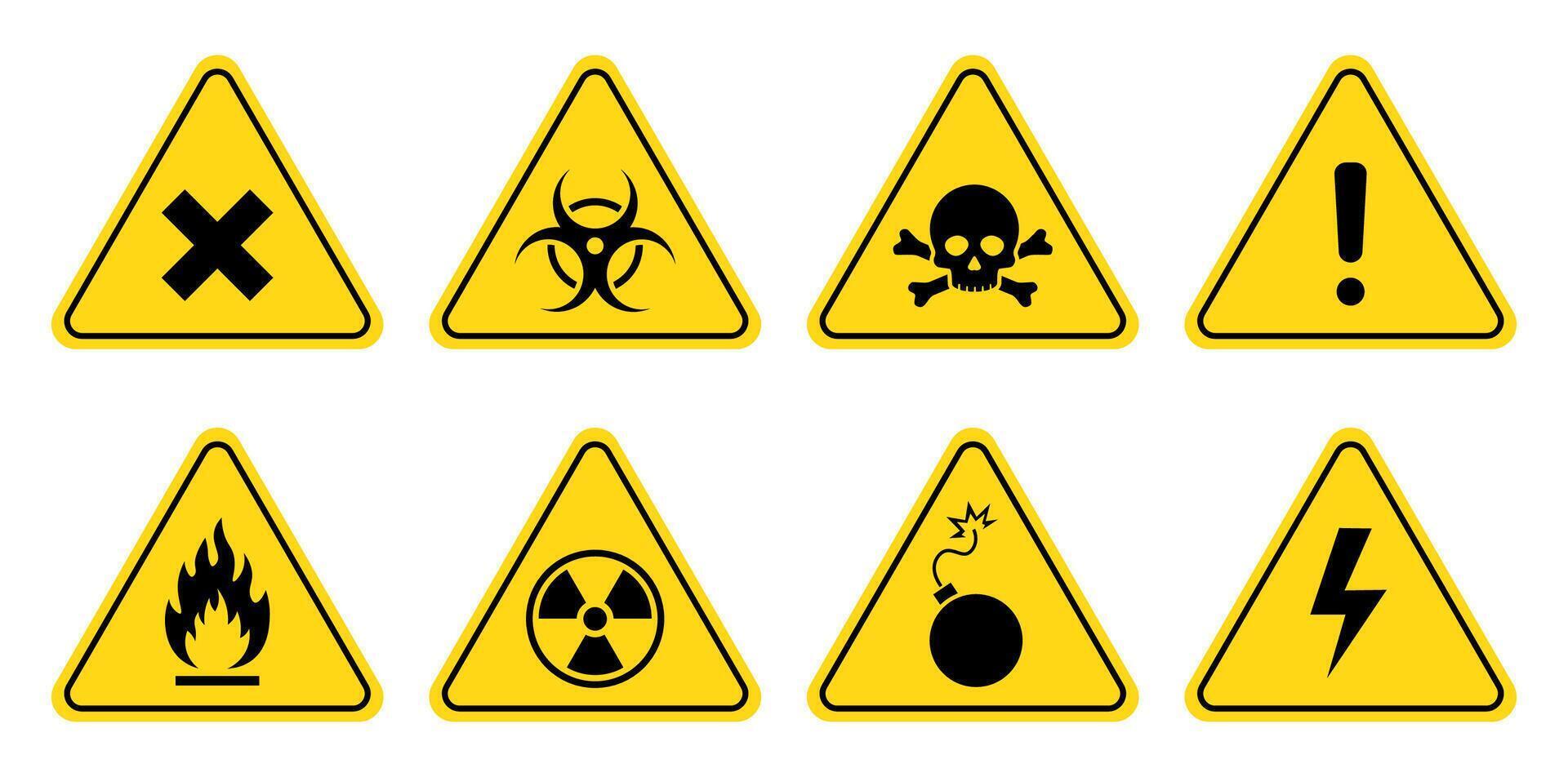 Danger, warning sign icon set. Poison, toxic, biohazard caution sign. Skull, chemical danger yellow triangle symbol element vector