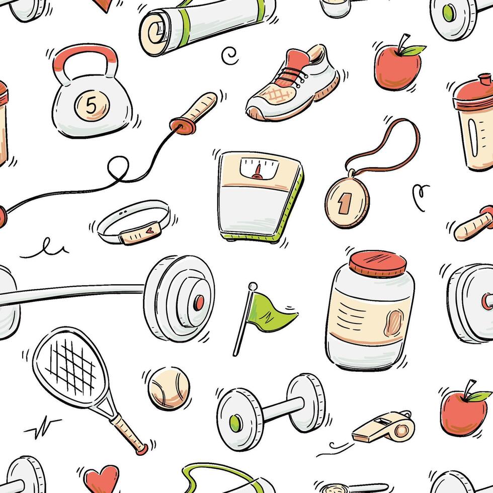 A seamless pattern with various fitness equipment vector