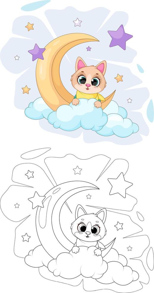 Cute Cat Sitting on Clouds. Night Sky with Moon and Stars, Coloring Page Included vector