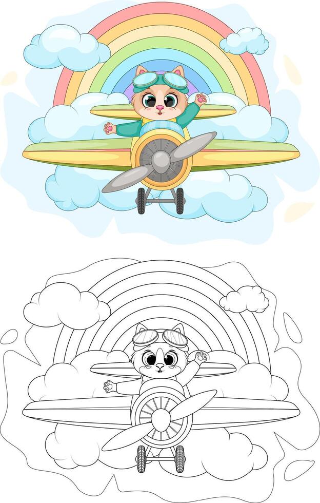 Cute Pilot Cat Flying an Airplane. Color and Coloring Page in One Illustration vector