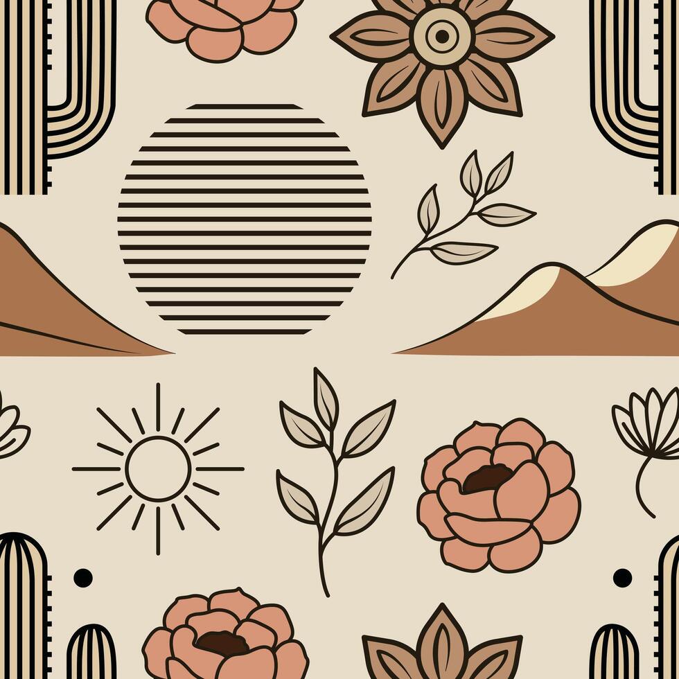 Seamless boho pattern with cactus, flowers, sun, mountains, and leaves in warm earthy tones. Great for nature-inspired, rustic, and southwestern design themes. vector