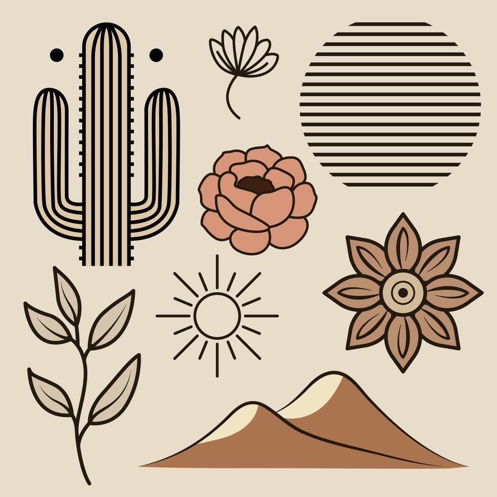 Boho clipart set with cactus, flowers, sun, leaves, and desert landscape in earthy tones. Perfect for nature, rustic, and southwestern-style creative projects. vector