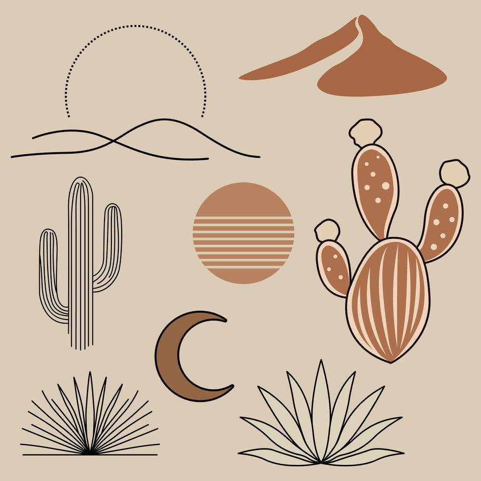 Minimal boho desert clipart with cactus, moon, sun, mountain, and plant elements in earthy tones. Great for nature, western, and rustic design themes. vector
