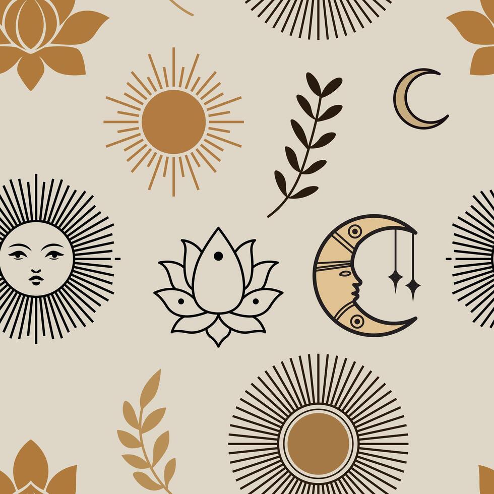Seamless celestial boho pattern with sun, moon, stars, lotus flowers, and leaves in earthy tones. Ideal for spiritual, mystical, and nature-inspired design projects. vector