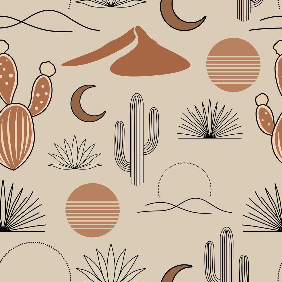 Seamless boho pattern with cactus, moon, sun, mountain, and desert plants in warm earthy tones. Great for southwestern, rustic, and minimal nature-inspired designs. vector
