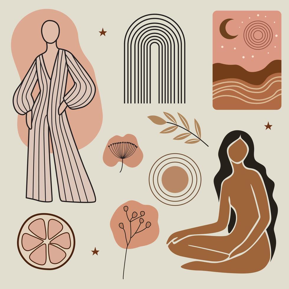 Boho abstract clipart set with female figures, leaves, stars, shapes, and minimal art in earthy tones. Great for wellness, fashion, and lifestyle design projects. vector