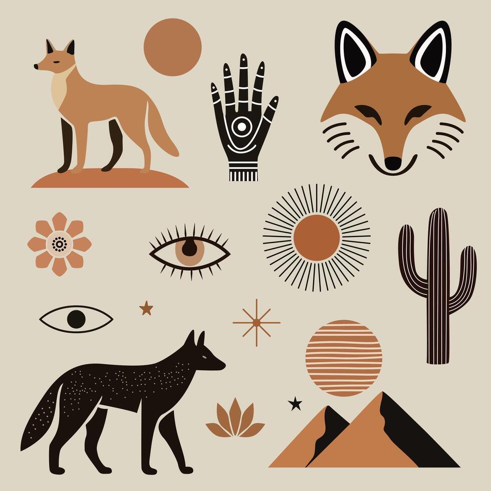 Mystic desert clipart with animals, nature symbols, eyes, and cosmic icons. Earthy and minimal style ideal for boho art, print, and branding design. vector