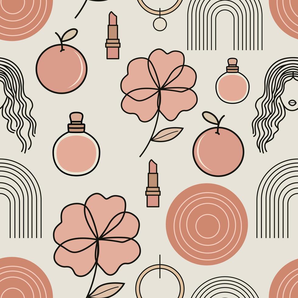 Seamless boho pattern with feminine icons flowers, rainbows, lipstick, perfume, faces, and fruit in soft peach tones. Great for beauty, lifestyle, and fashion projects. vector