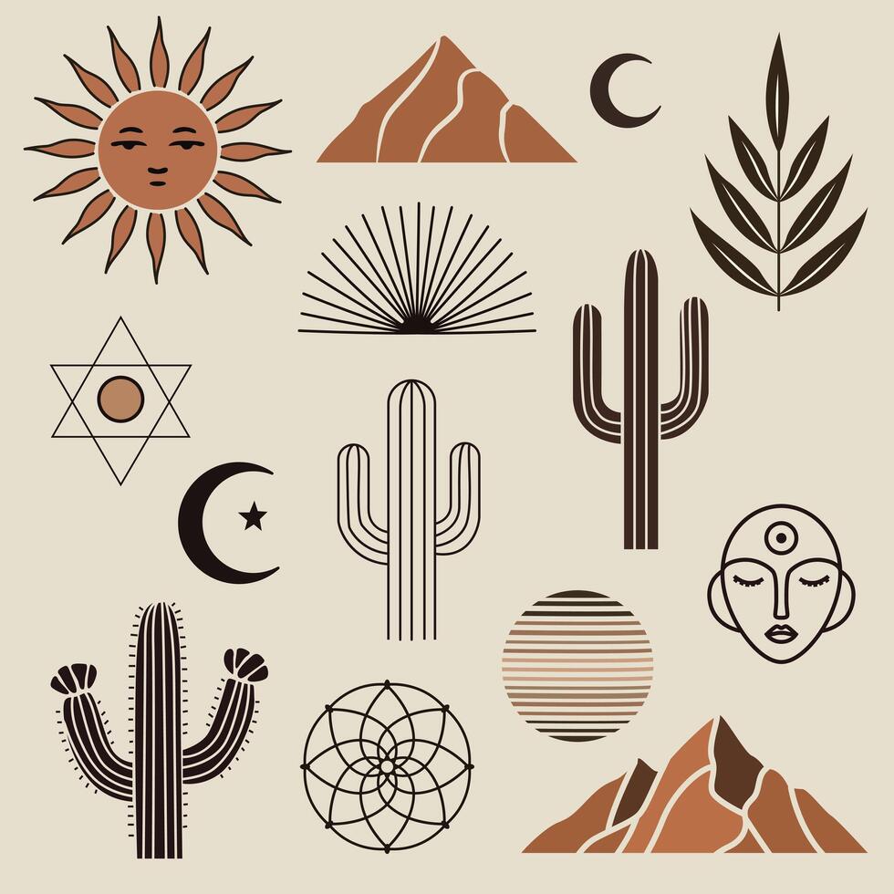Boho clipart set with sun, moon, cactus, face, mandala, mountains, and mystical symbols in earthy tones. Perfect for spiritual, desert, and nature-inspired designs. vector