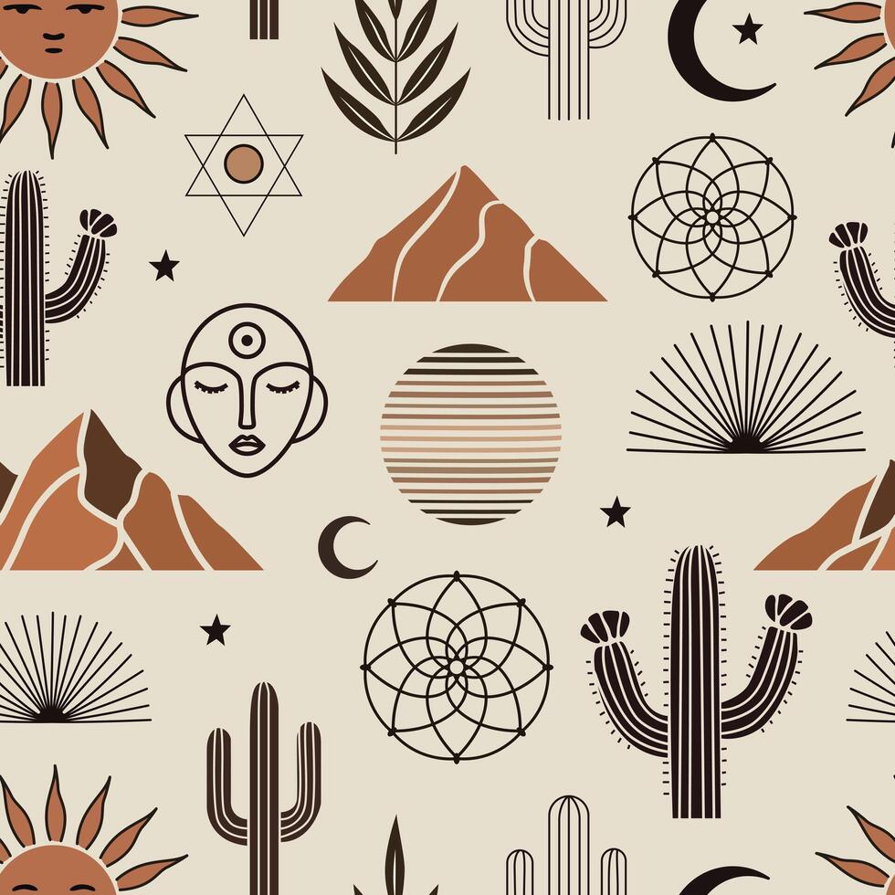 Seamless boho pattern with sun, moon, cactus, mountains, spiritual face, mandalas, and stars in earthy tones. Ideal for mystical, desert, and folk art designs. vector