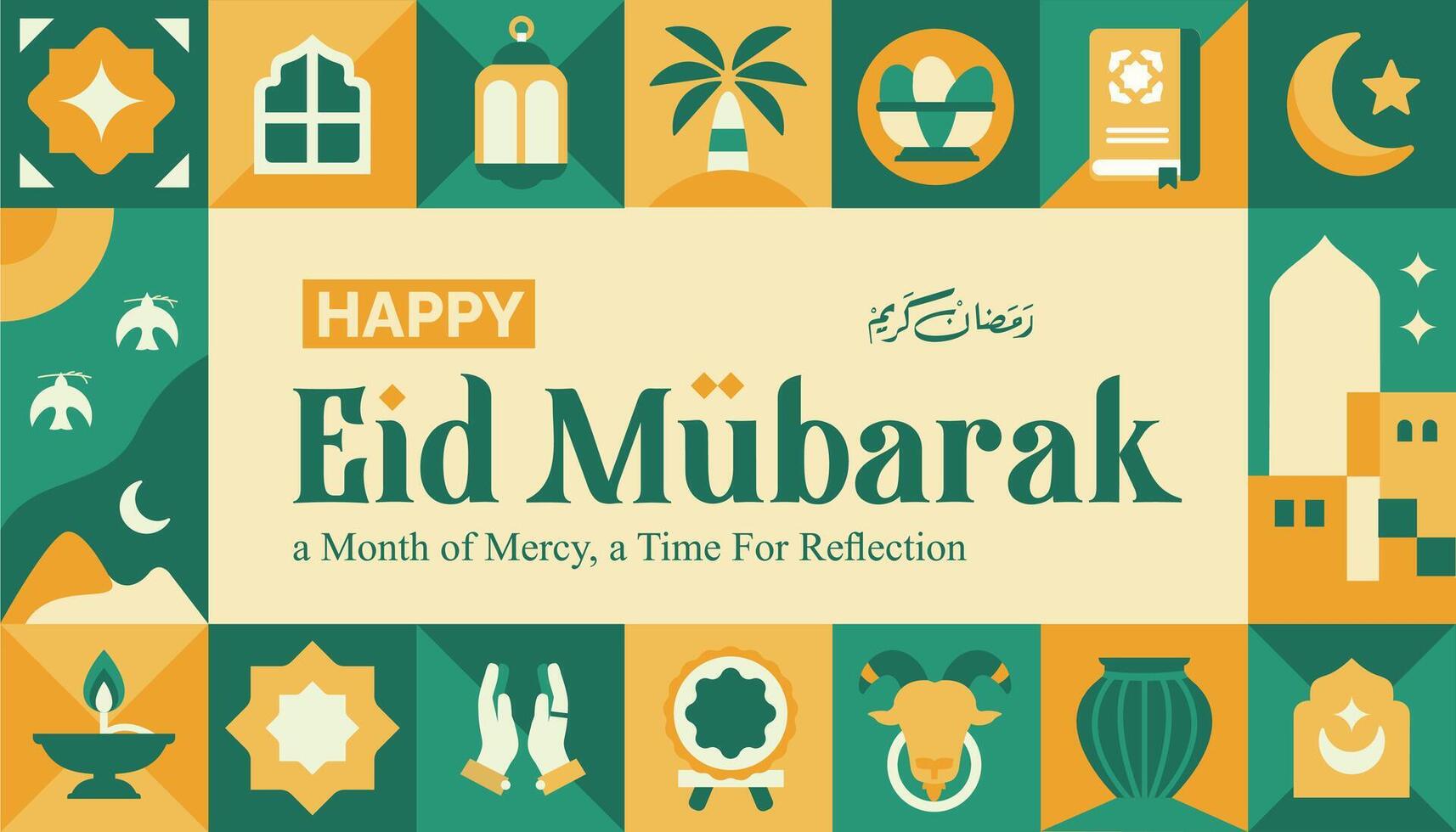 abstract geometric pattern of eid al fitr, green ramadan kareem with various islamic icons and symbols for poster and cover vector