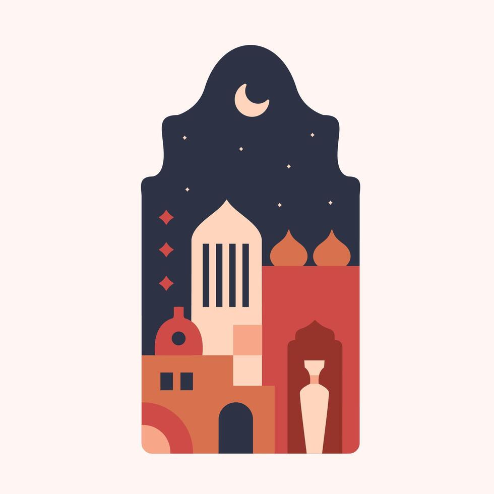 Islamic themed minimalist style windows, Islamic themed pottery and pots, Arabic boho door designs for Ramadan and Eid vector