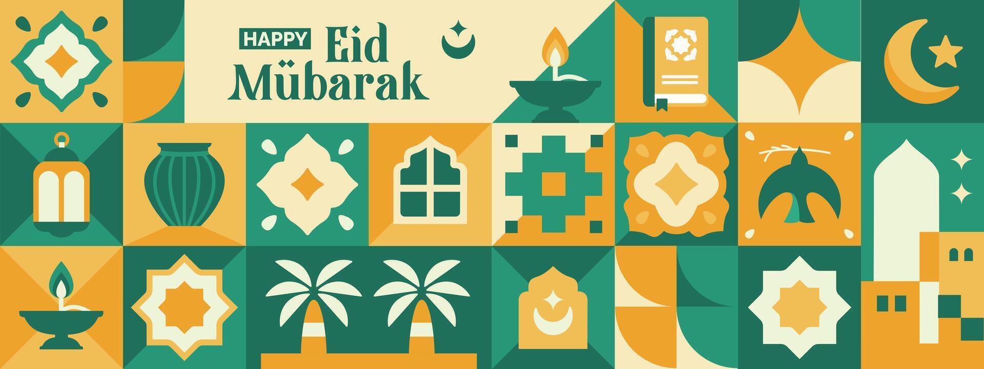 abstract geometric pattern of eid al fitr, ramadan kareem with arabic city landscape and various green colored islamic icons and symbols vector