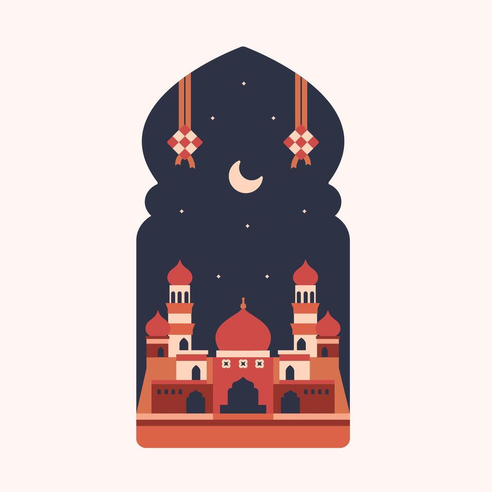Islamic themed minimalist style windows, minimalist mosque with ketupat, boho Arabic door design for Ramadan and Eid al-Fitr vector