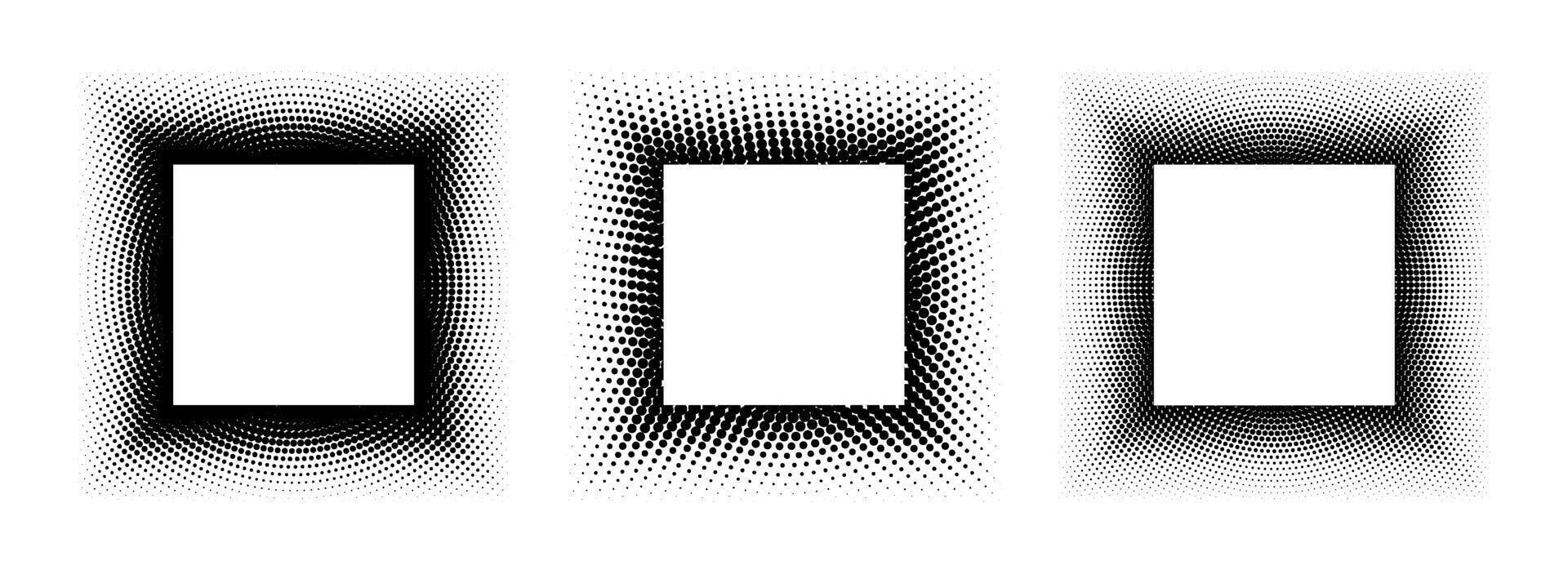 Black halftone square frame set. Dotted gradient border collection. Pop art comic picture holders for banner template, emblem, poster, box, copy space, collage. rasterized frame element pack vector
