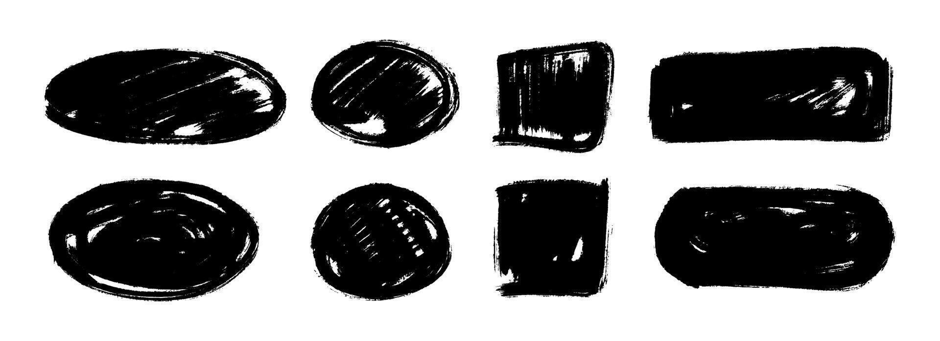 Dry paint stain set. Black grunge ink frame box collection. Brush stroke geometric element pack. Hand drawn charcoal blobs for poster design, banner, template, text box, collage. Border bundle vector