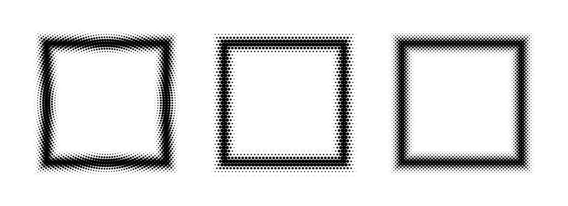 Black halftone square frame set. Dotted gradient border collection. Pop art comic picture holders for banner template, copy space, collage, emblem, poster, box. Rasterized frame element bundle vector