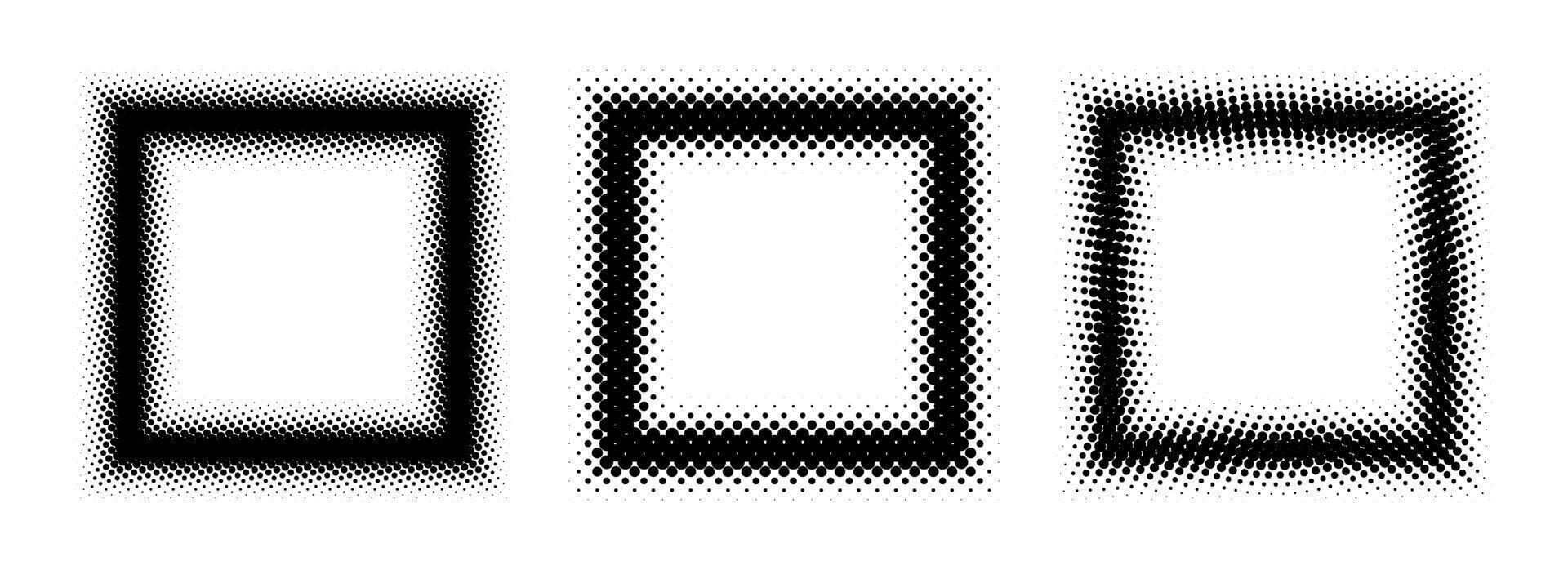 Black halftone square frame set. Dotted gradient border collection. Pop art comic picture holders for banner template, emblem, poster, box, copy space, collage. Rasterized frame element bundle vector